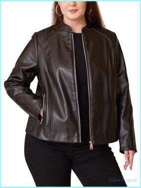 Plus Size Faux Leather Motorcycle Jacket with Quilted Shoulders